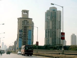 Modern office buildings and apartment towers.