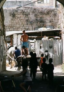 Acre-man on horse drawn wagon