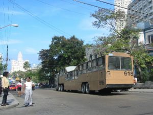 Huge tractor-trailor bus--carries countless people