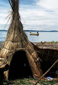 Lake Titicaca reed house and boat