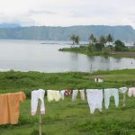 Laundry on the lake with volcano
