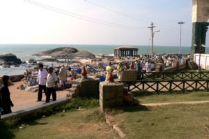 Kanyakumari coast with small shrine.