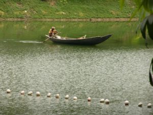 Dhaka - man rowing boat in river