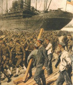 Painting of American troops landing in France 1917-18