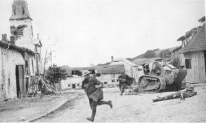 Battle scene in a rural French village, 1917 Note dead
