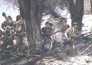 Detail of a painting depicting American troops  in battle at