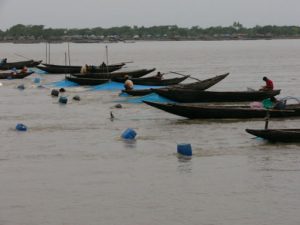 Fishing boats lined up with nets