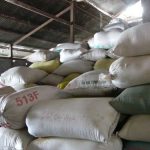 Mekong Delta - stacks of rice bags in a processing