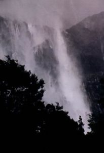Milford Sound storm-falls blowing upward