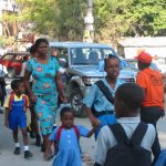 School class walking down road