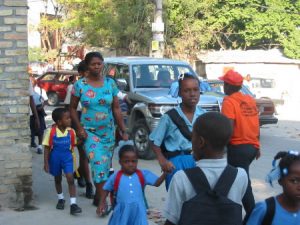 School class walking down road