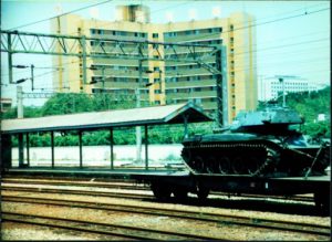 Military tank along the railway