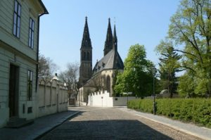 Vysehrad Castle grounds with cemetery, statues and views of the