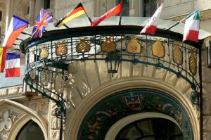 Art Nouveau portico entrance to a hotel.