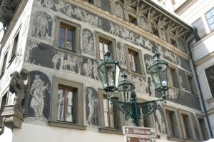 Prague has numerous ‘sgraffitoed’ buildings; it’s a technique of wall