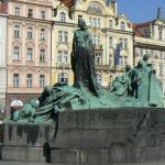 Memorial statue of Jan Hus in old town square; He