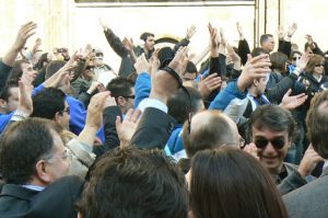 Foreign visitors singing team songs during the European volleyball finals