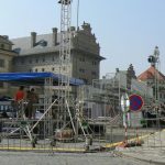 Before President Obama spoke, constructing the scaffolding and sound systems