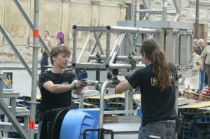 Before President Obama spoke, constructing the scaffolding and sound systems