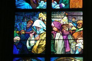 Stained glass windows in St Vitus Cathedral produced by famous