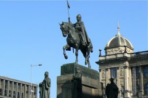 Wenceslas Square with statue of St. Wenceslas in front of