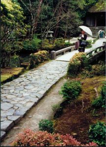 Kyoto: manicured garden and walkway.