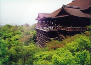 Kiyomizudera Buddhist Temple has a wide balcony from which the