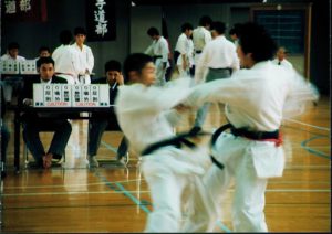 Sports are popular in Japan; here is a karate competition.