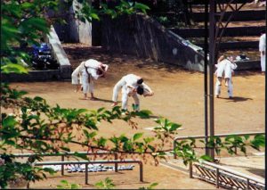 Karate athletes warming up.