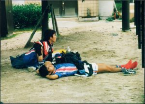 Soccer players taking a break.