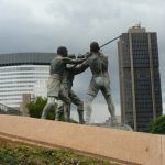 Sculpture of gold miners.