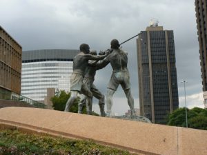 Sculpture of gold miners.