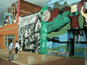 Artistically decorated buildings in Gandhi Square.