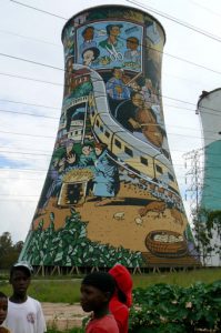 Decorated unused power plant cooling tower.