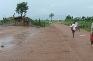 Approaching the border gate between Malawi and Mozambique.  Bamboo shed on