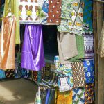 Textiles for sale in Mangochi, market.
