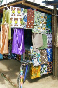 Textiles for sale in Mangochi, market.