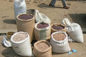 Various kinds of dried beans at the market in Mangochi.