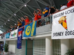 Team banners hung around the pool.