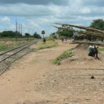 A rare railway track; bamboo poles on right are used