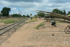 A rare railway track; bamboo poles on right are used