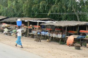 Local rural food stands, mostly potatoes and onions.