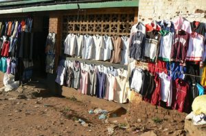 Clothing market; some items are used clothing donated from abroad.