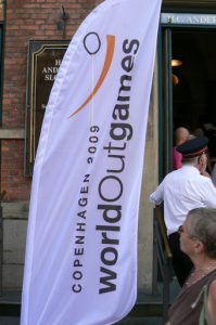 Flag welcoming athletes at the registration site.
