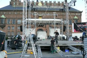 Constructing the large stage for the opening ceremony of the