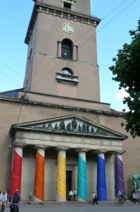 Lutheran Cathedral wrapped in gay colors during Gay Pride and