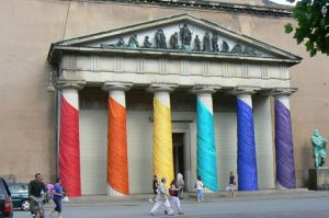 Lutheran Cathedral wrapped in gay colors during Gay Pride and