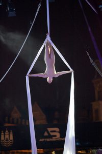 Aerial artist Anders Astrup Jensen performed on his ‘tissue rigging’.