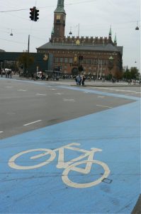 City Hall with blue bikes lanes around it.