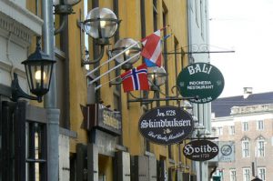 Shop signs and lights.